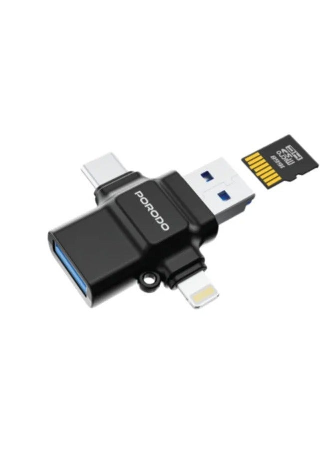 porodo 4-in-1 OTG Adapter & TF Card Reader /USB 3.0 / Lightning/ Type-C/USB 2.0/ Fast Data Transfer / Plug & Play / Multi-Interface OTG Adapter for Work, Travel, or Everyday Use - Black